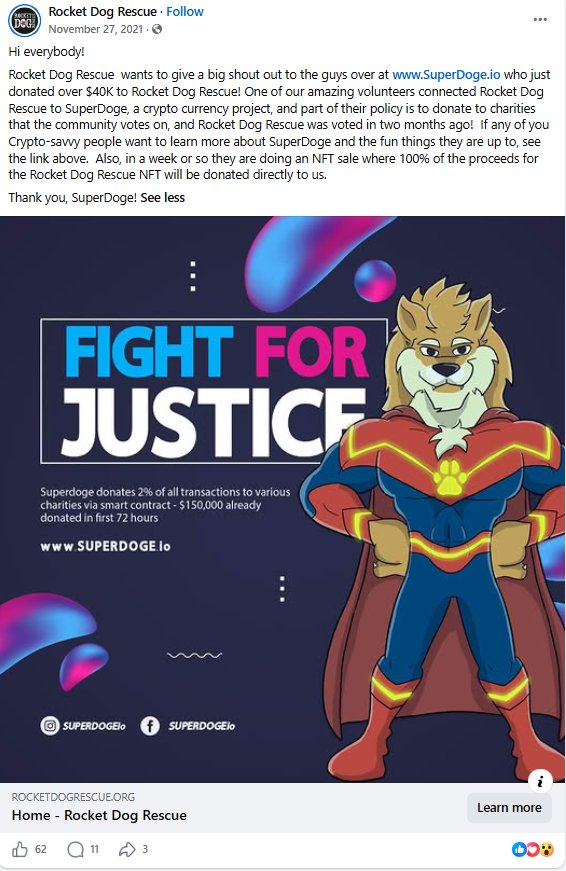 Rocket Dog Rescue thanks SuperDoge for donating over $40,000
