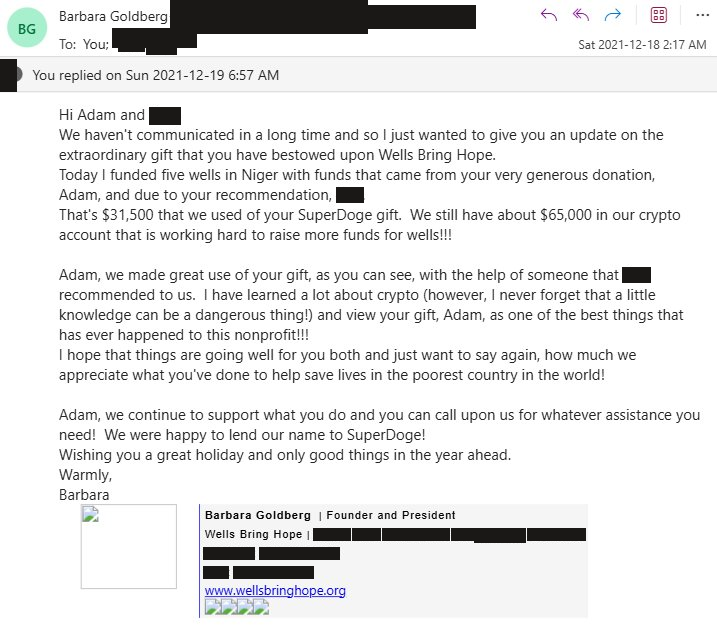 Wells Bring Hope's founder thanks Adam Howell by name for the SuperDoge donation that funded wells in Niger